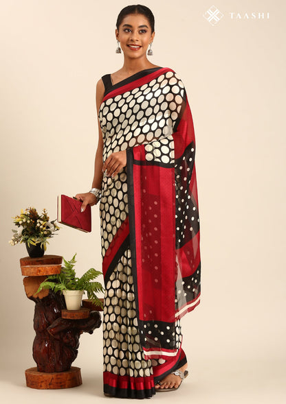 Black And Cream Polkadots Printed Chiffon Saree
