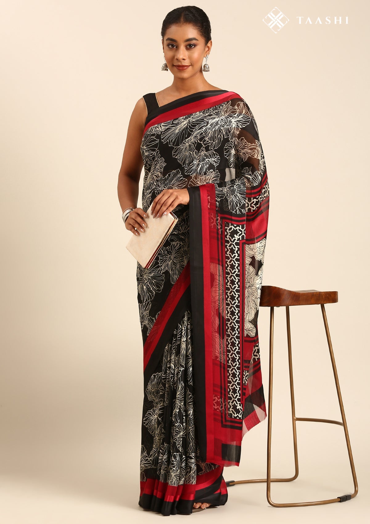 Black Abstract Floral Printed Chiffon Saree