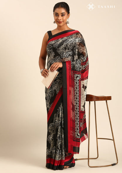 Black Abstract Floral Printed Chiffon Saree