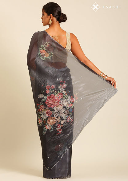 Metallic Charcoal Printed And EmbroideRed Organza Saree