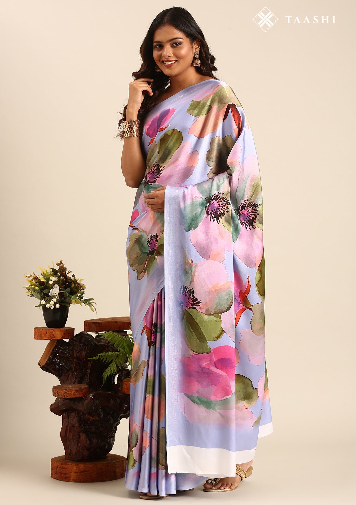 Violet Watercolor Floral Digital Printed Satin Saree