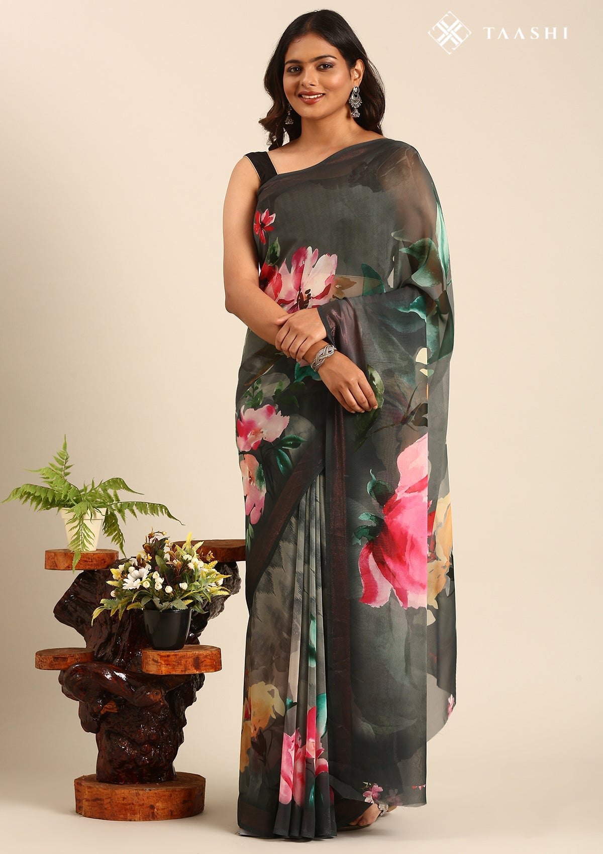 Grey Multicolor Floral Digital Printed Georgette Saree