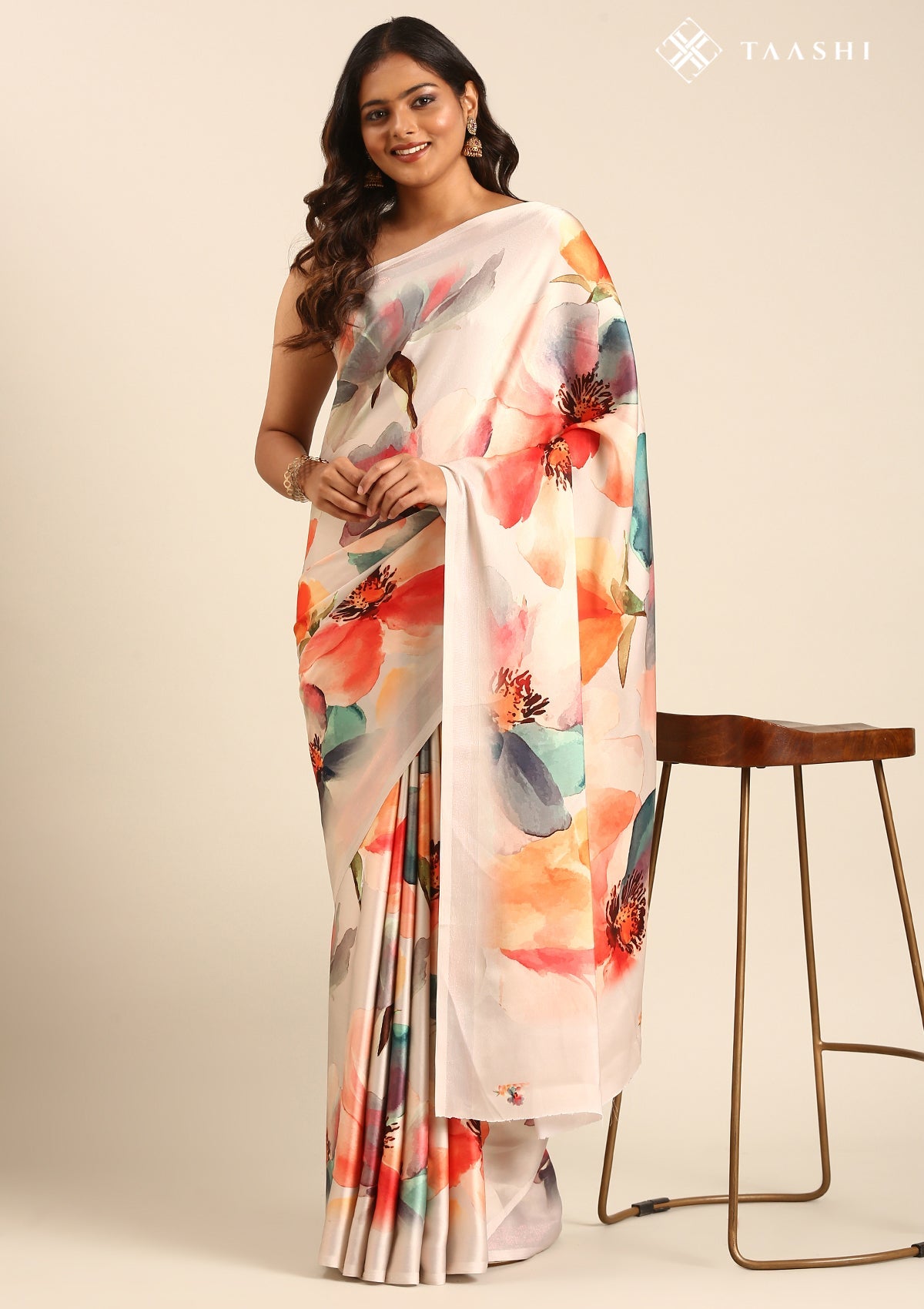 Beige Watercolor Floral Digital Printed Satin Saree