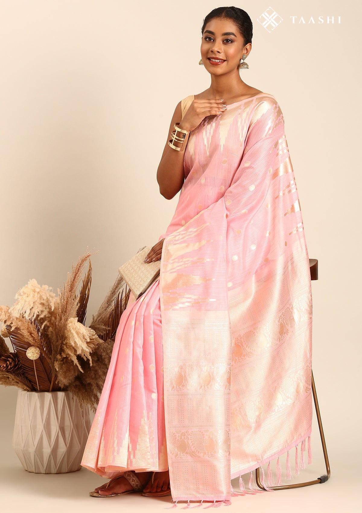 Pastel Pink Traditional Temple Pattern Tussar Saree