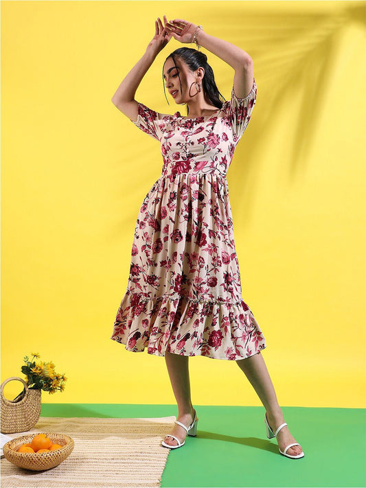Beige Floral Printed Square Neck Puff Sleeves Tiered Fit & Flare Dress