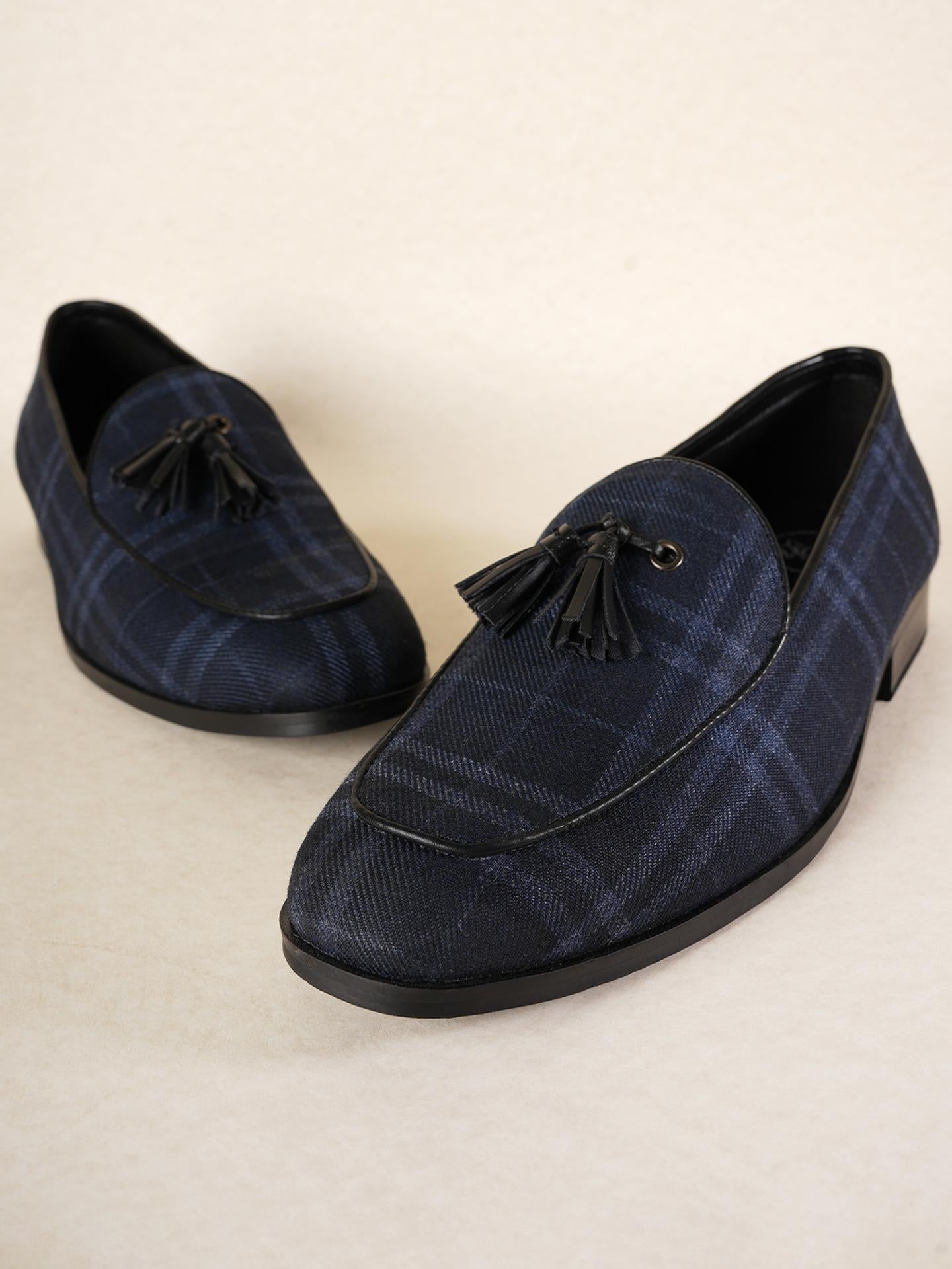 Raro Plaid Fabric Tassel Slip-Ons - Blue