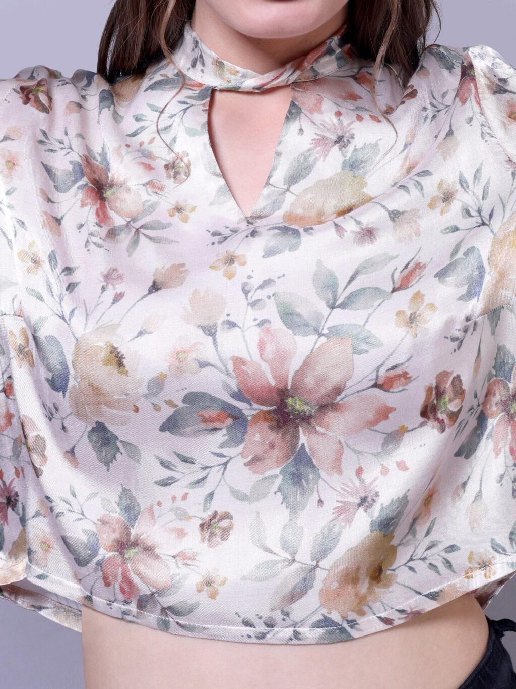 Keyhole Neck Printed Top | Off White Floral