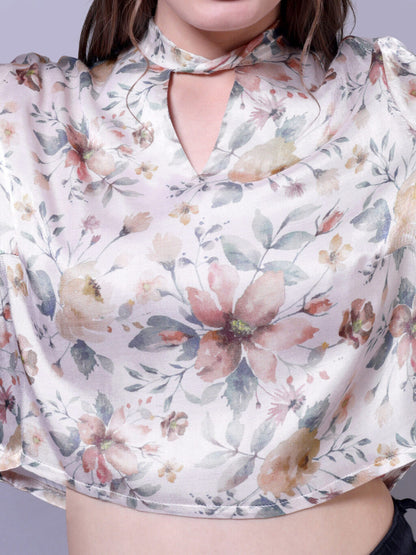 Keyhole Neck Printed Top | Off White Floral