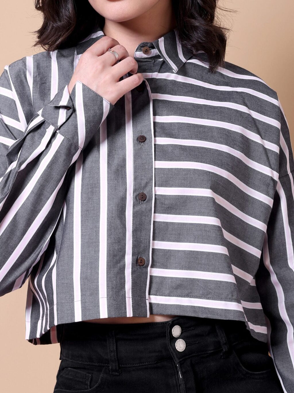 Striped Cotton Cropped Shirt | Light Pink Stripped, Grey