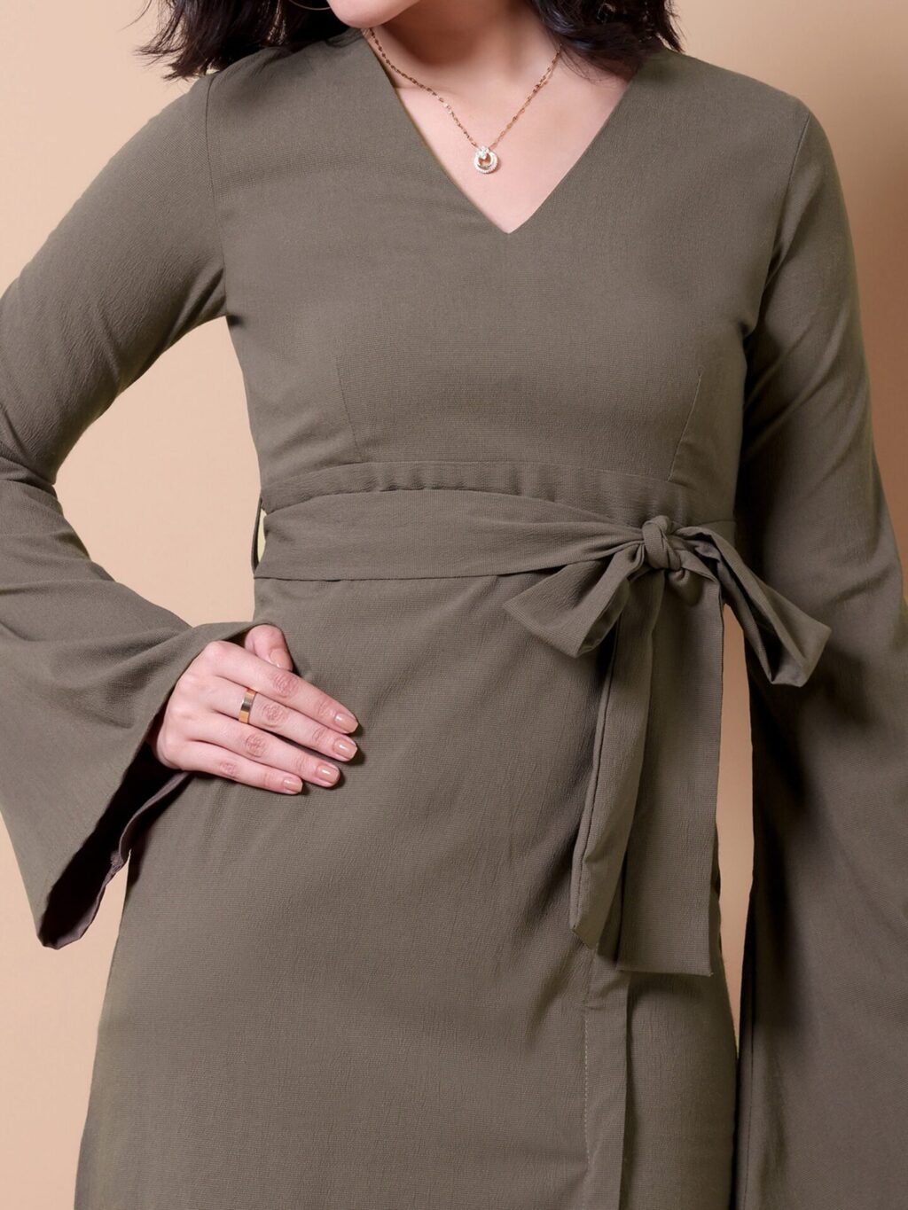 Bell Sleeve Fit and Flare Mini Dress | Brown