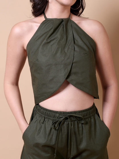 Linen Halter Co-ord Set | Dark Green