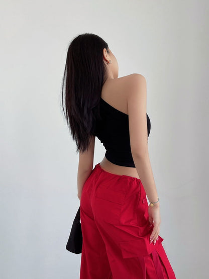 Black One Shoulder Ruched Tank