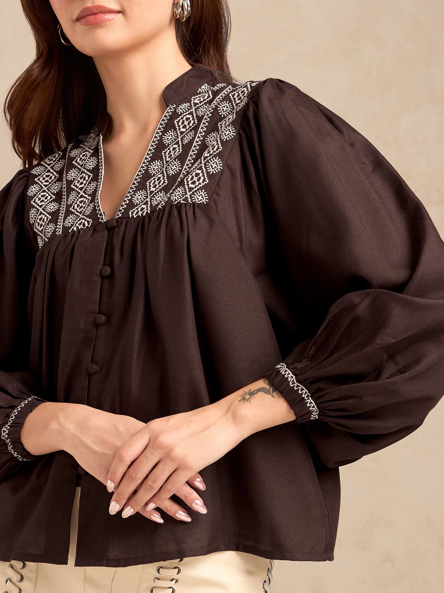 Brown Embroidered Long Sleeves Blouse