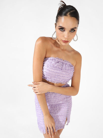 Purple Ruffle Detailed Textured Top With Skirts