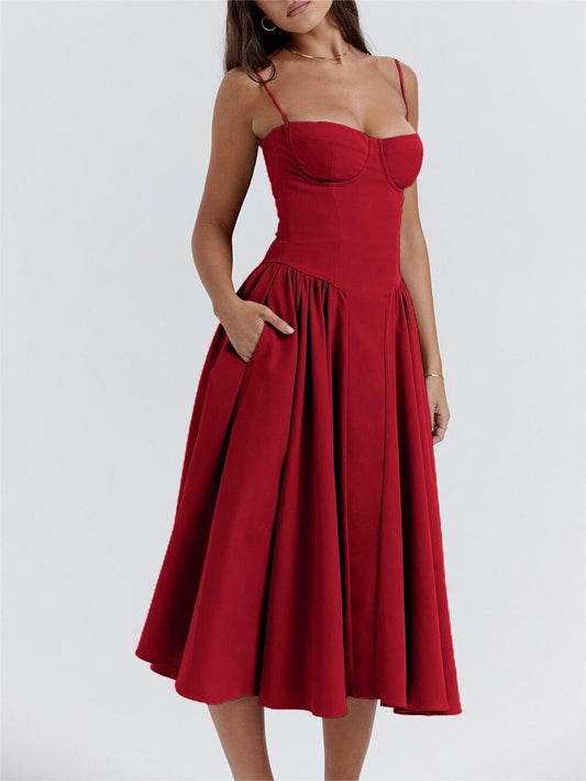 Red Bustier Cami Dress With Pockets