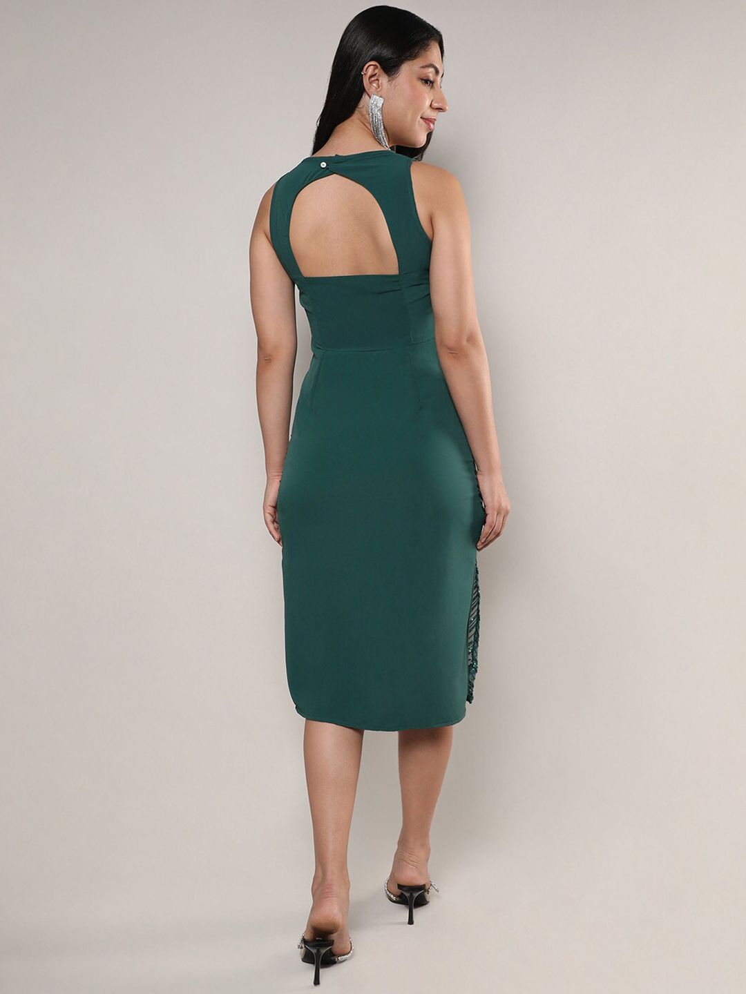 Green Striped Sleeveless Midi Party Dress