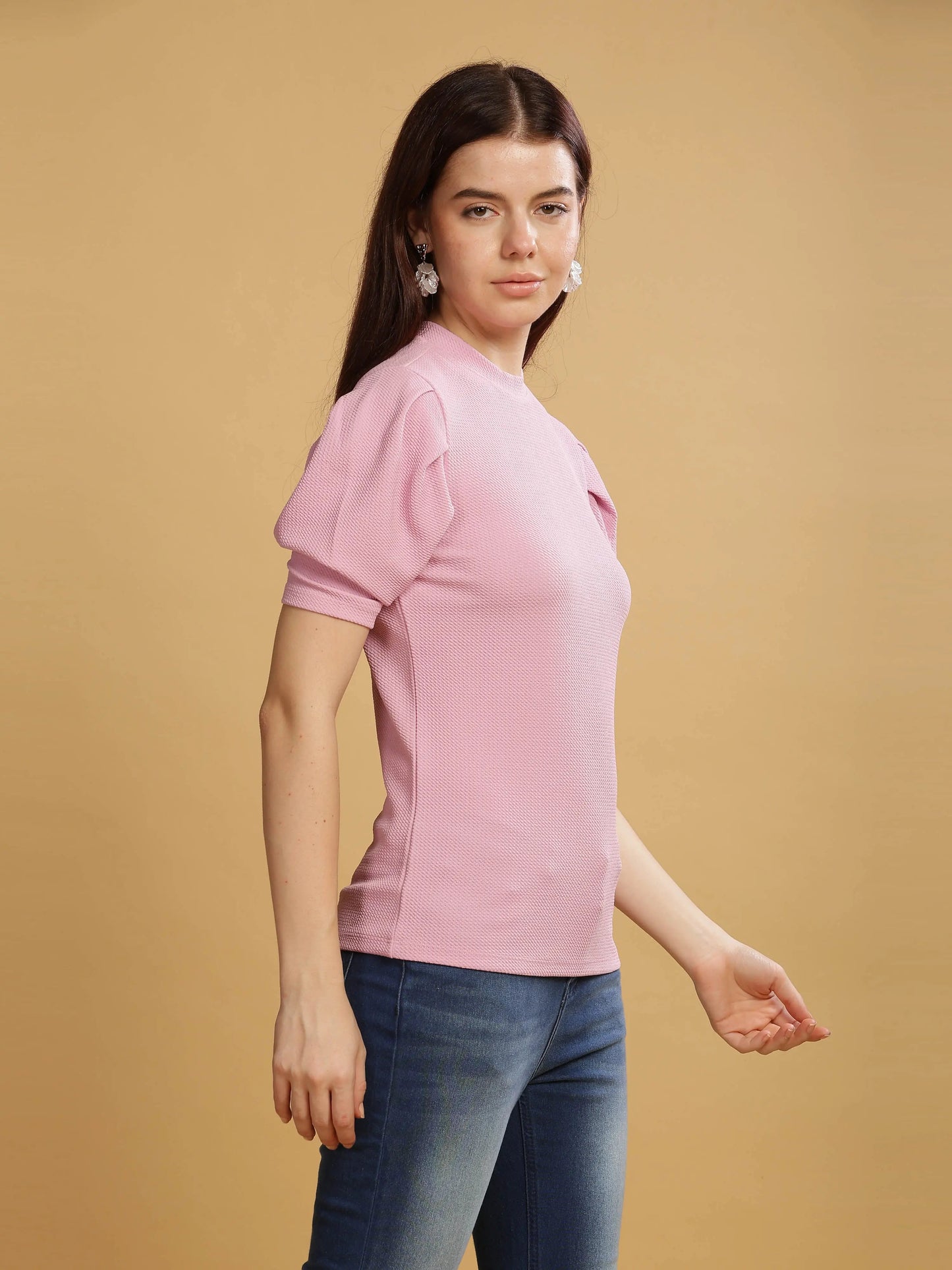 Women Karara Top, Puff Sleeve, Polyester, Rose Pink