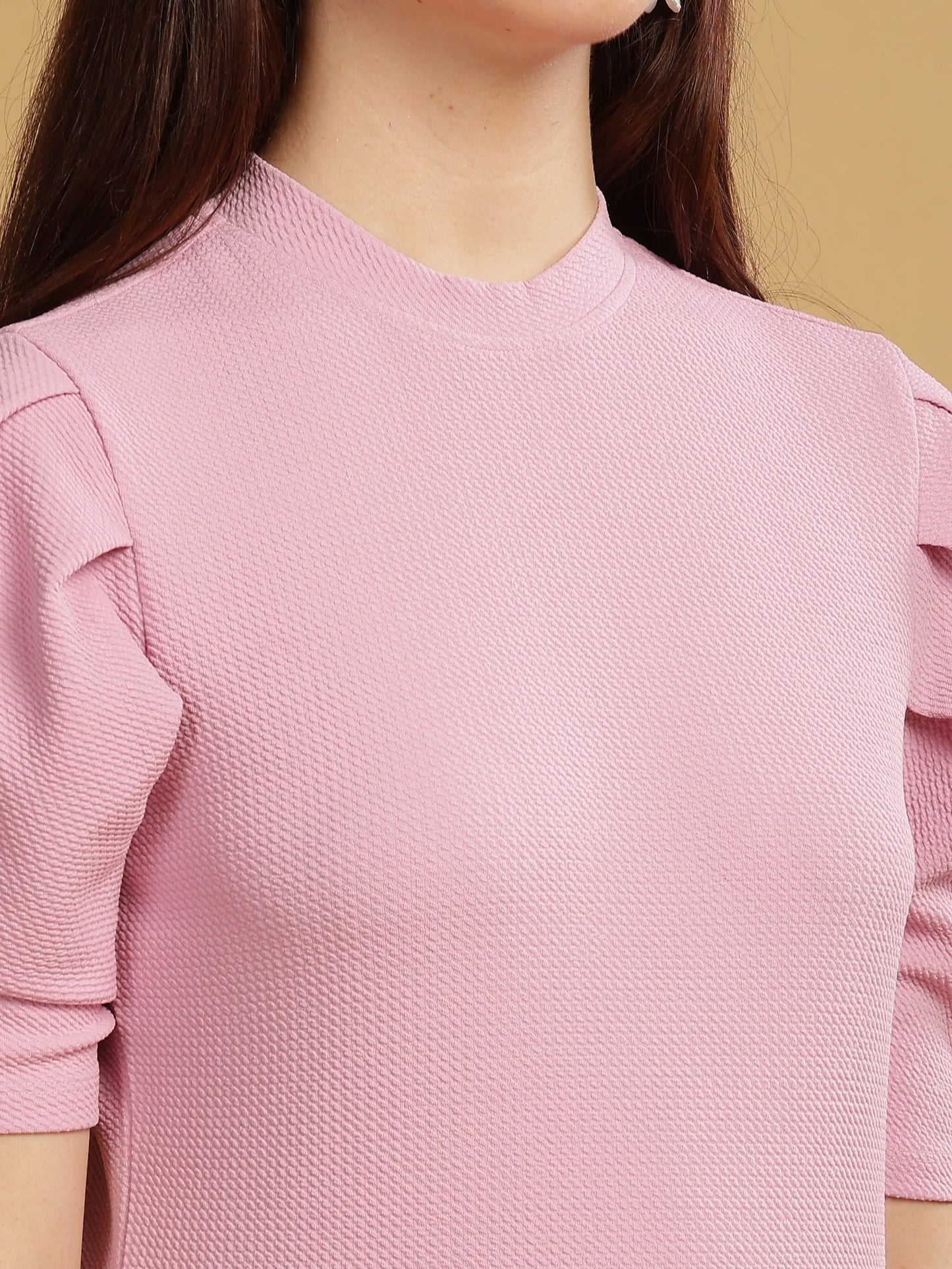 Women Karara Top, Puff Sleeve, Polyester, Rose Pink