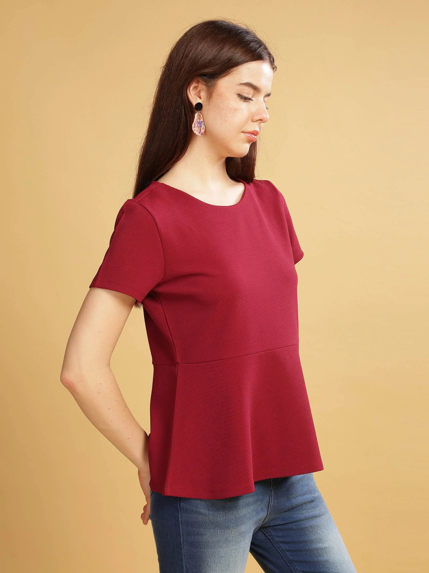 Women Karara Top, Short Sleeve, Polyester, maroon