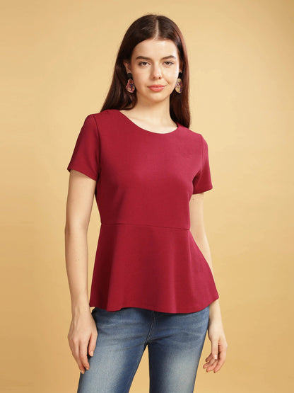 Women Karara Top, Short Sleeve, Polyester, maroon