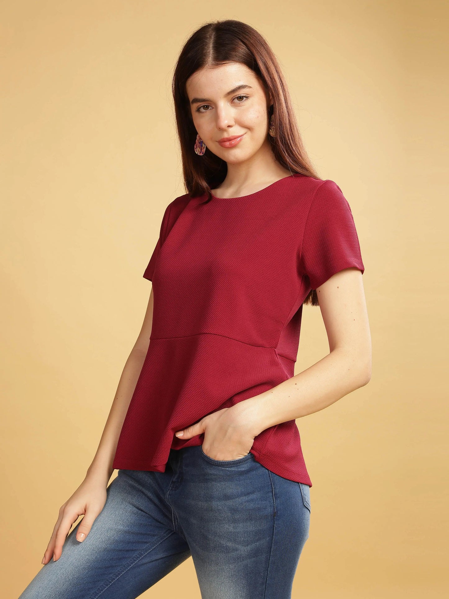 Women Karara Top, Short Sleeve, Polyester, maroon