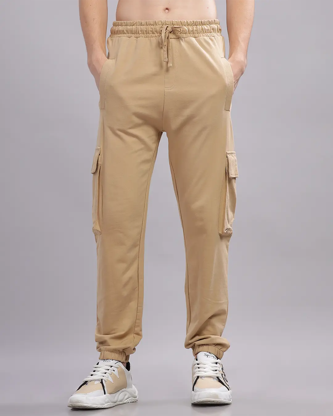 Men Cotton Regular Fit Cargo joggers, Beige