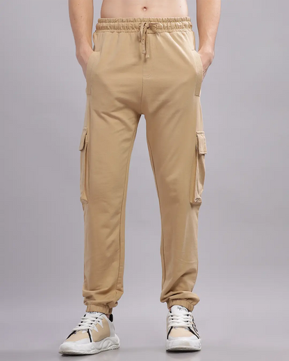 Men Cotton Regular Fit Cargo joggers, Beige