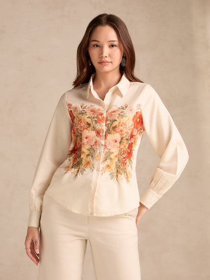 Off White Cinched Waist Printed Shirt