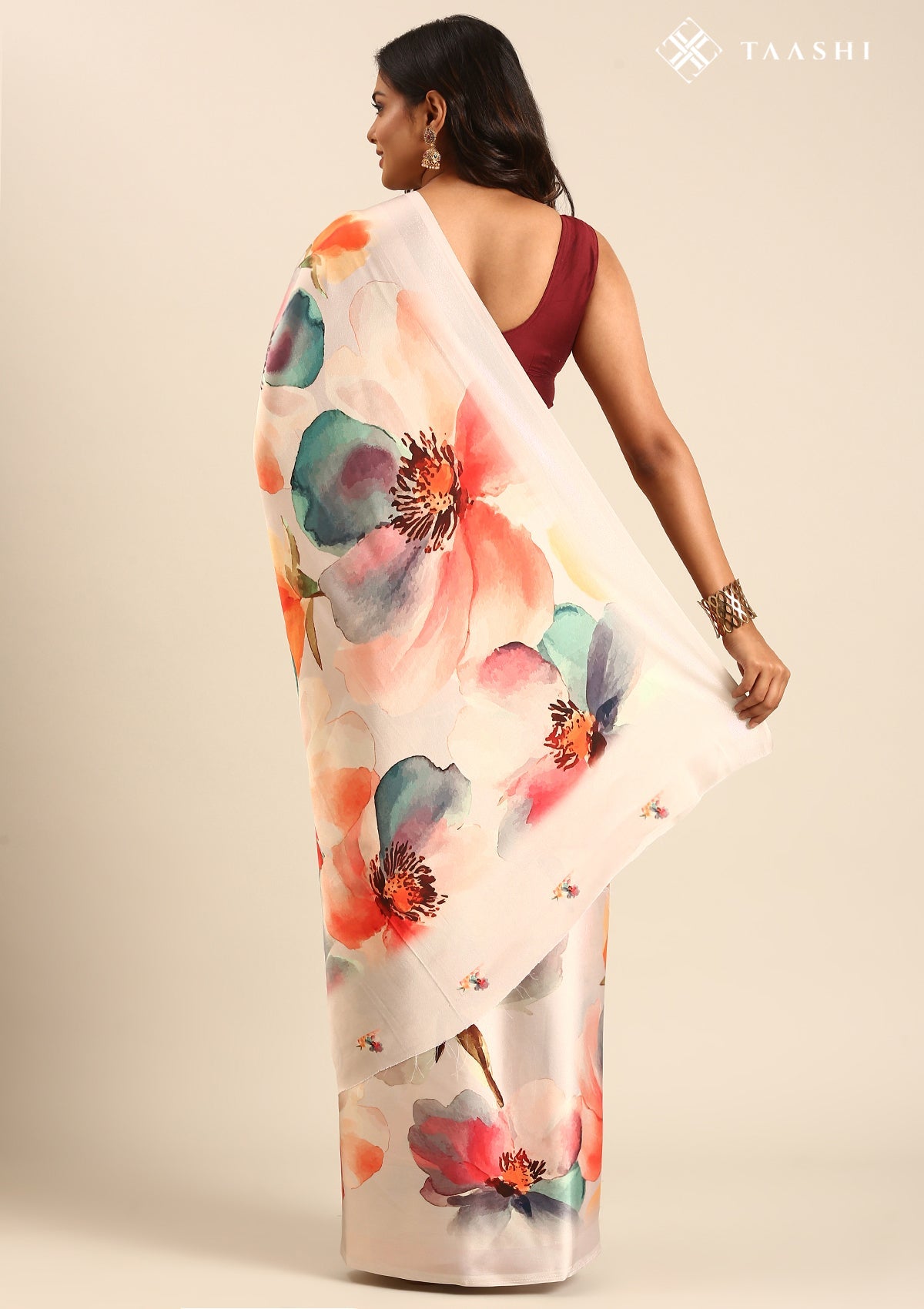 Beige Watercolor Floral Digital Printed Satin Saree