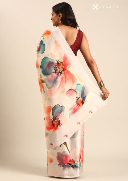 Beige Watercolor Floral Digital Printed Satin Saree