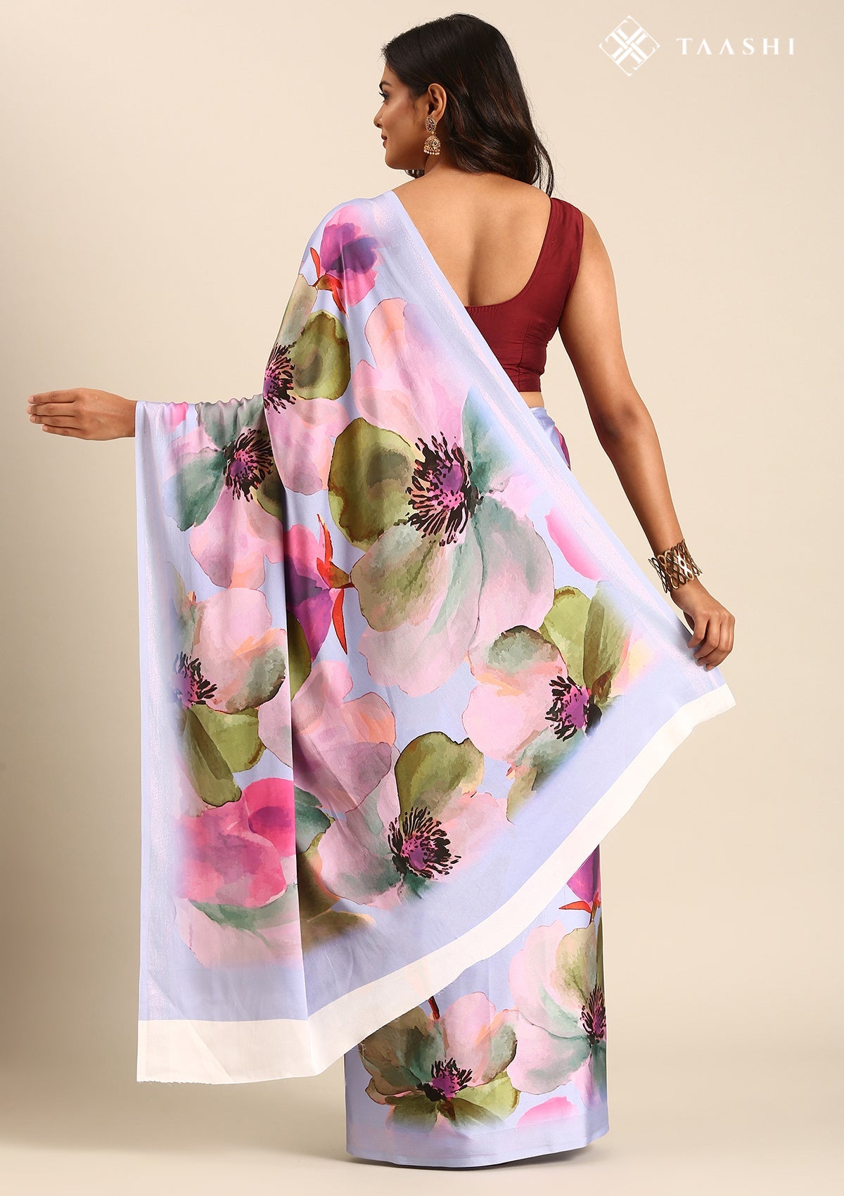 Violet Watercolor Floral Digital Printed Satin Saree