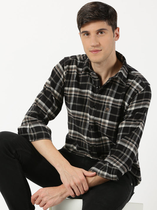 Black Brushed Cotton Check Shirt