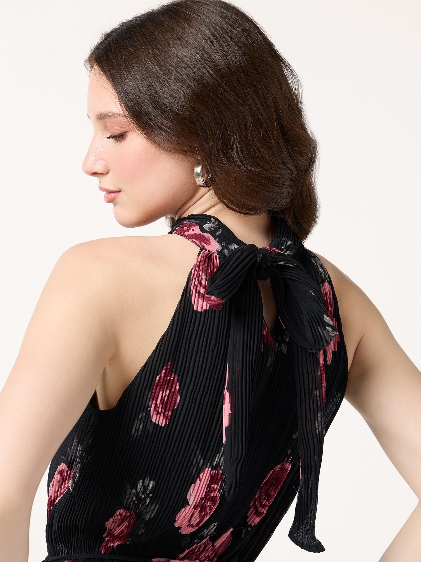 Black Halter Neck Floral Printed Dress