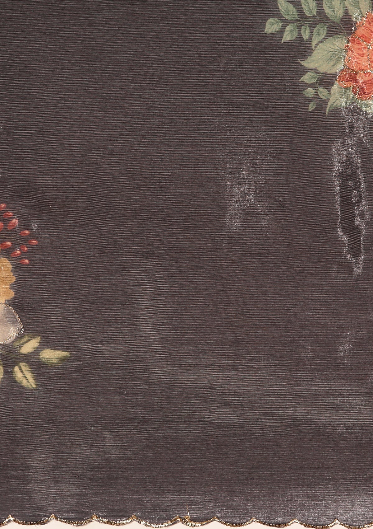 Metallic Charcoal Printed And EmbroideRed Organza Saree