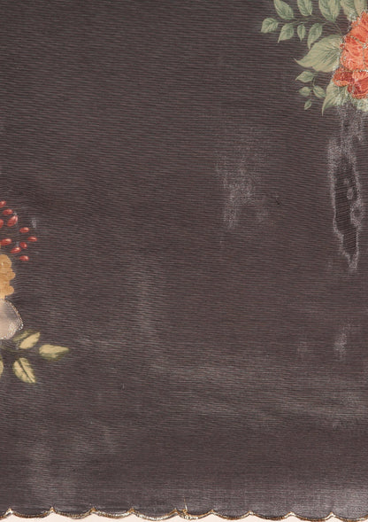 Metallic Charcoal Printed And EmbroideRed Organza Saree