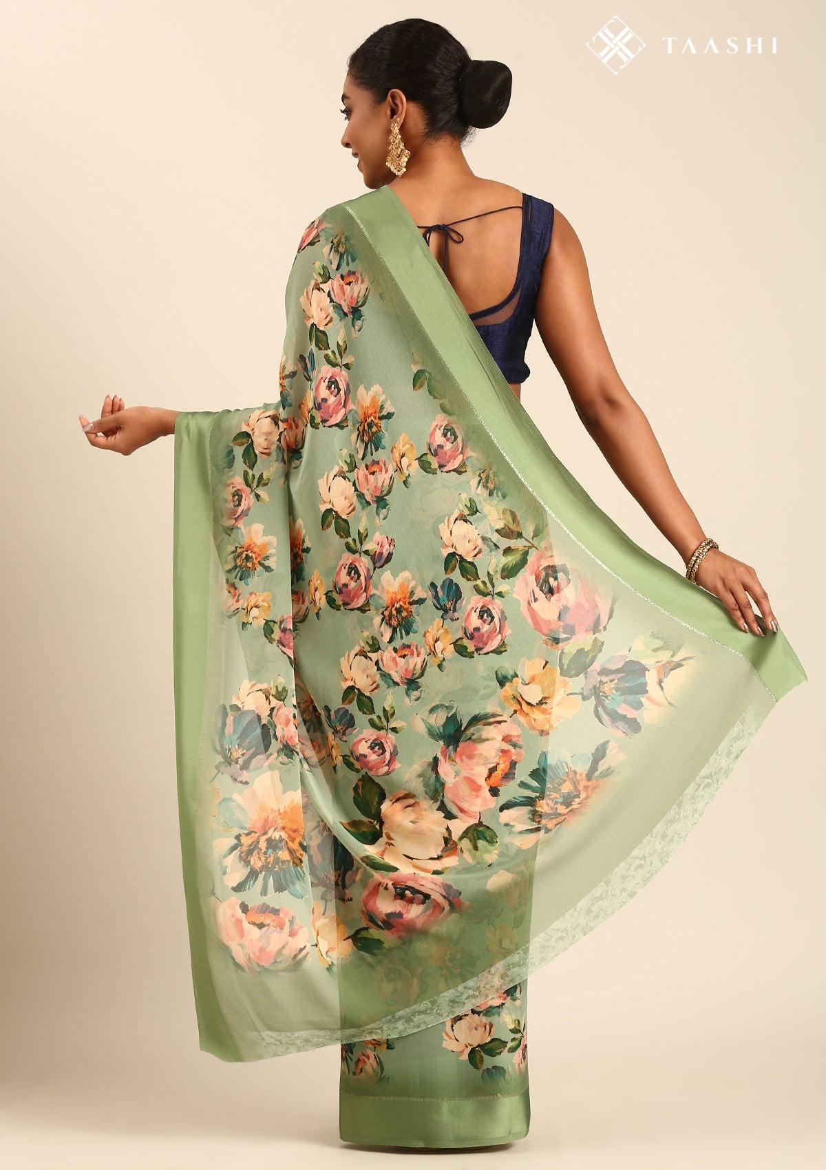 Dusty Green Floral Printed Georgette Saree