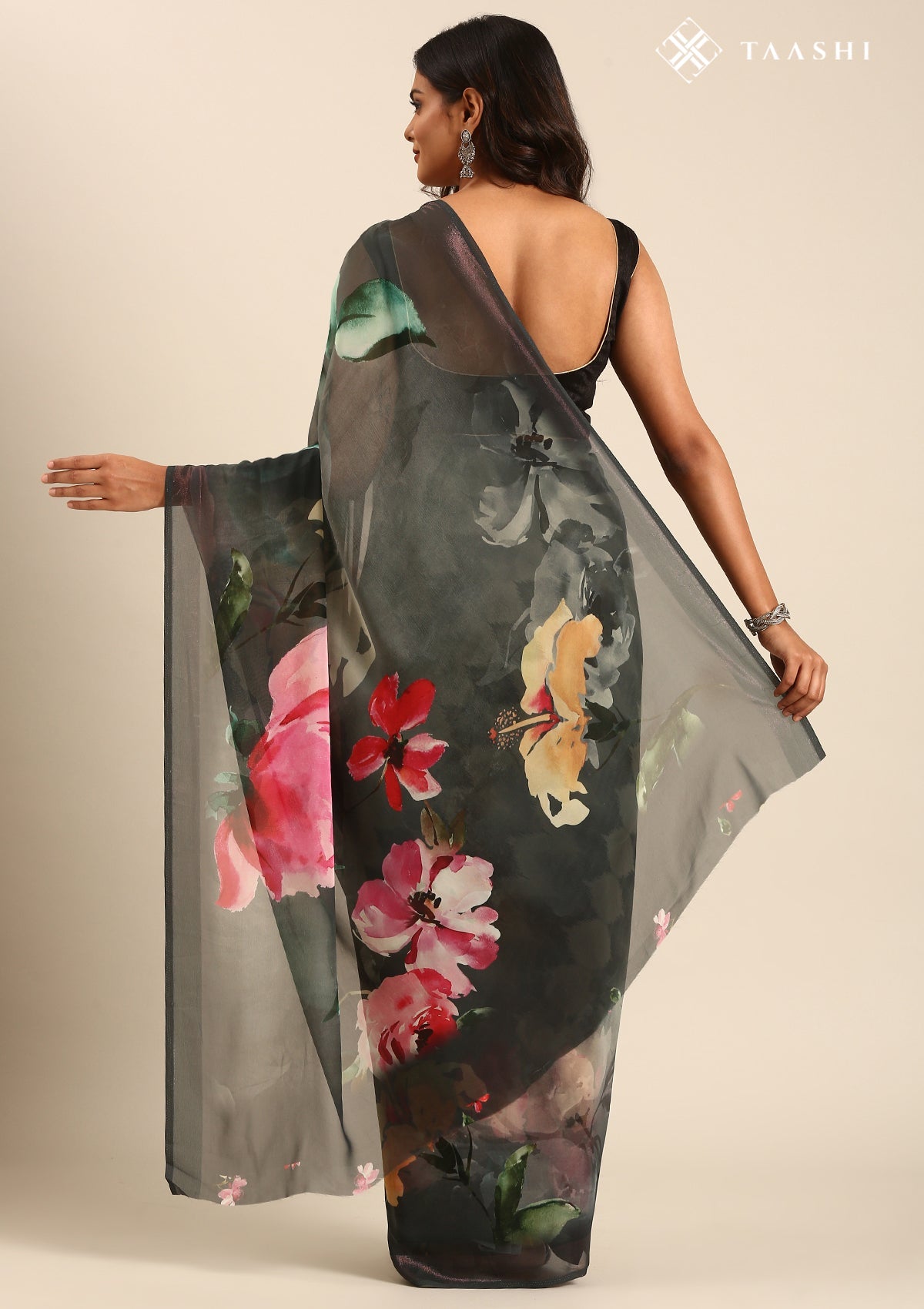 Grey Multicolor Floral Digital Printed Georgette Saree