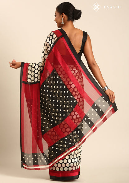 Black And Cream Polkadots Printed Chiffon Saree