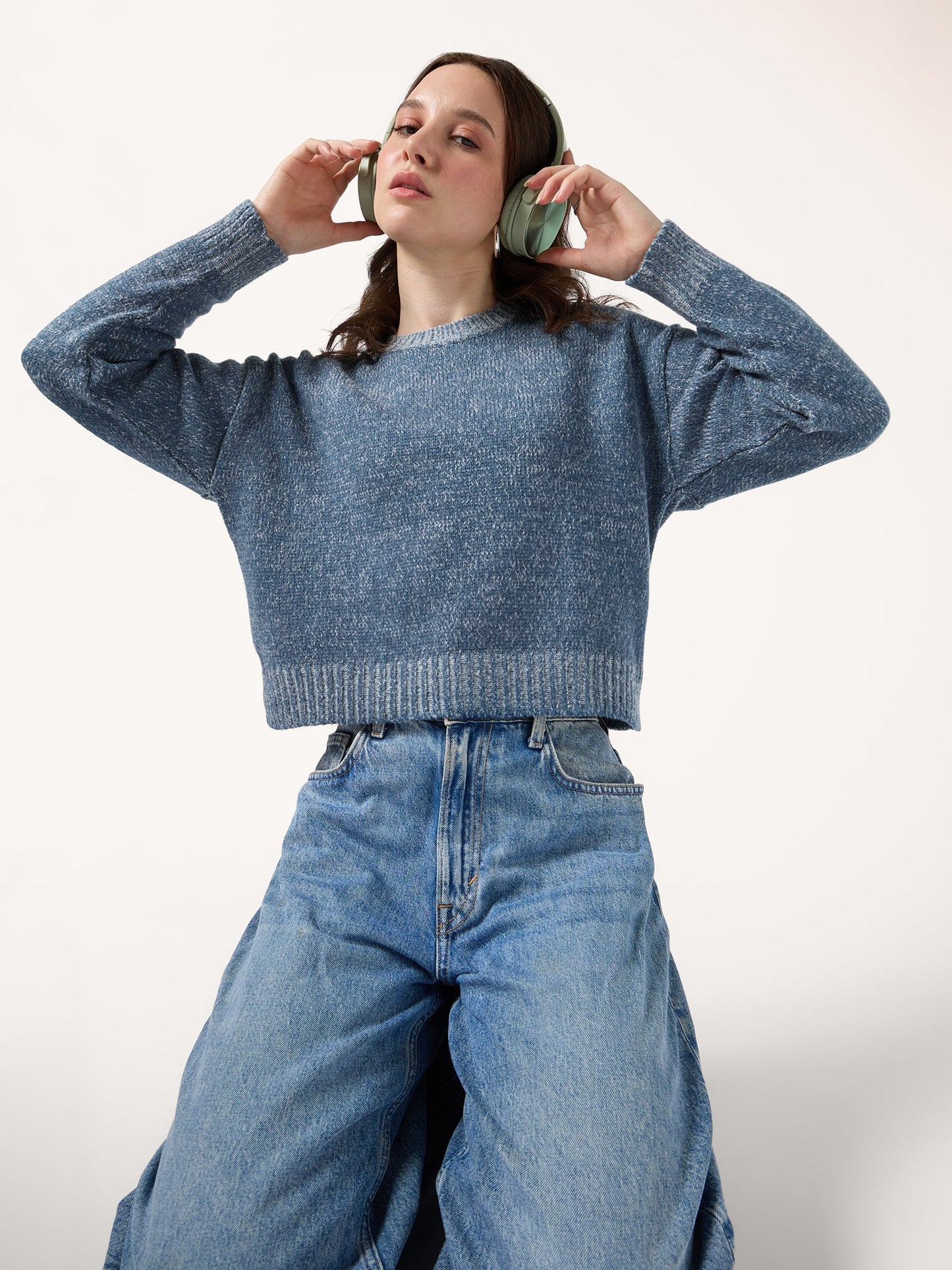 Blue Solid High Neck Sweater