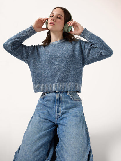 Blue Solid High Neck Sweater