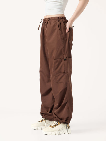 Brown Cargo Pockets Drawstring Wid Leg Trouser