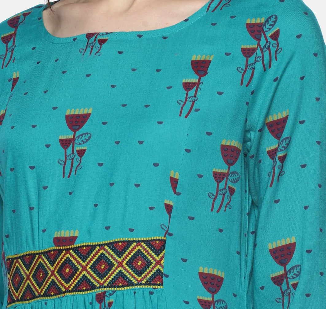 Turquoise Printed Dress With Aztec Embroidery
