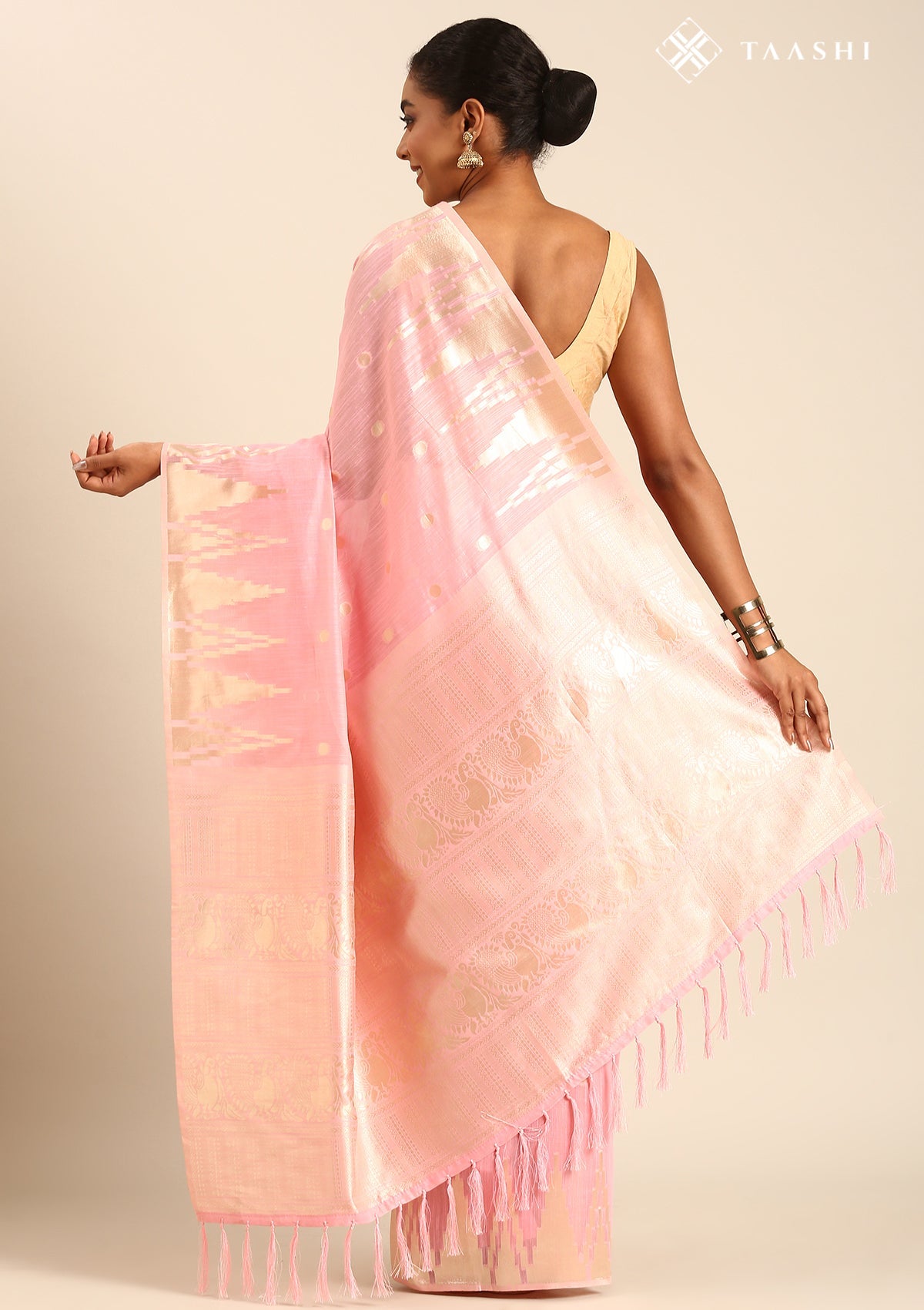 Pastel Pink Traditional Temple Pattern Tussar Saree