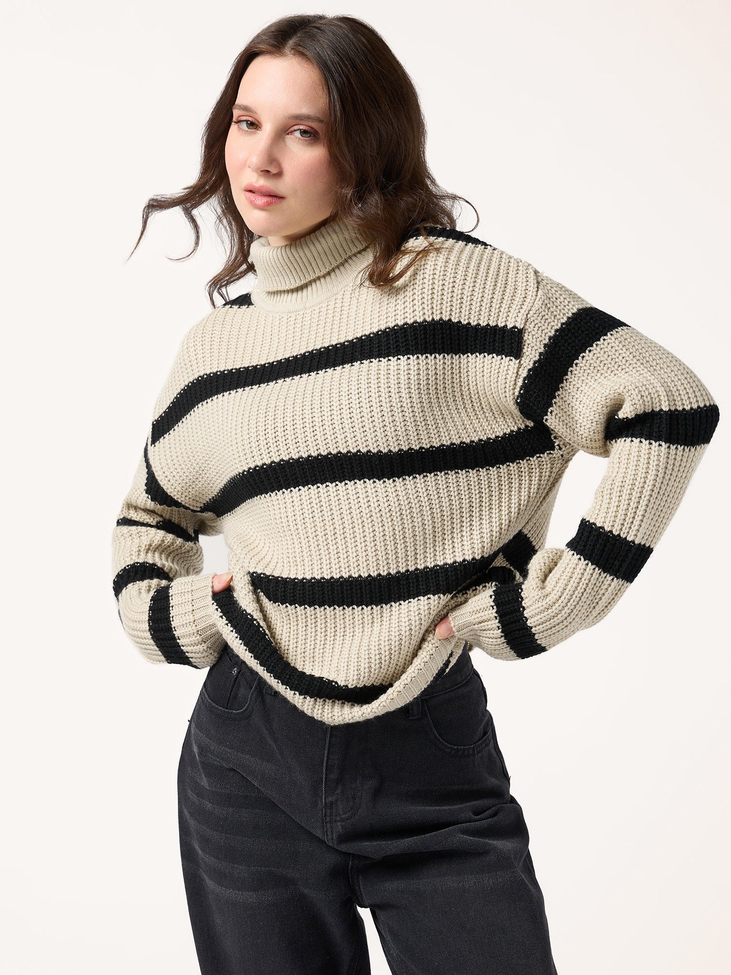 Beige High Neck Striper Sweater