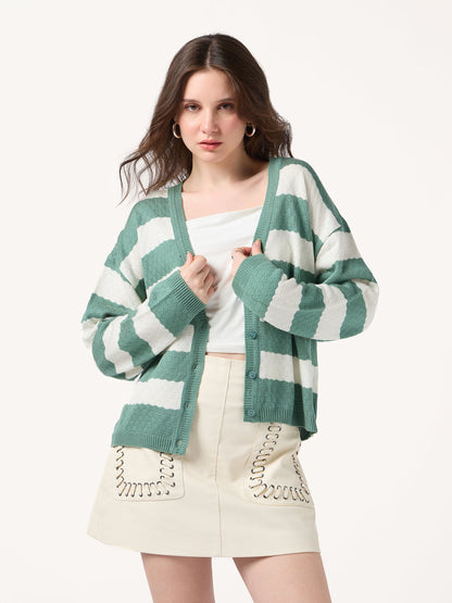 Green Striped Boxy Cardigan