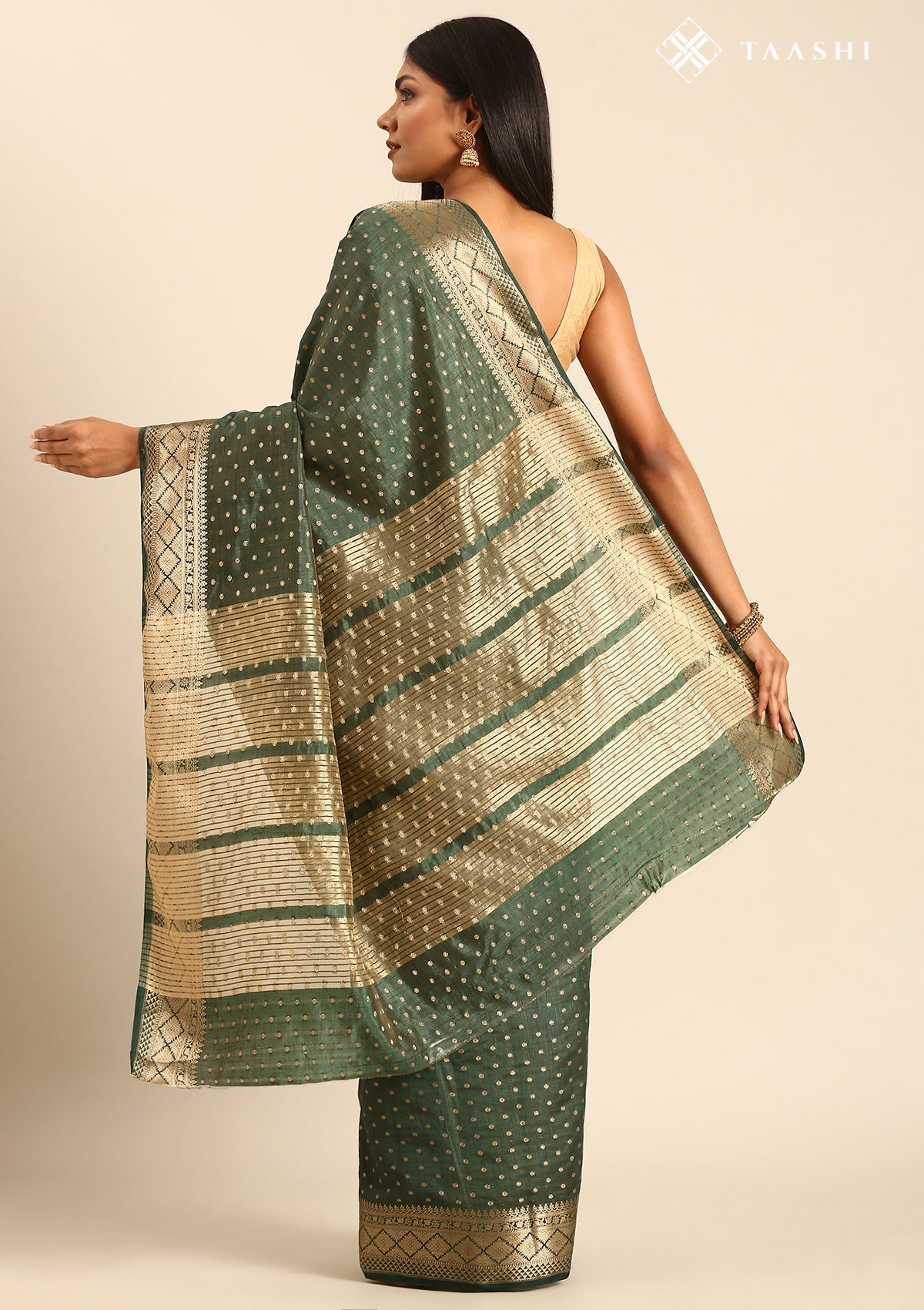 Dark Green Traditional Zari Butta Woven Tussar Saree