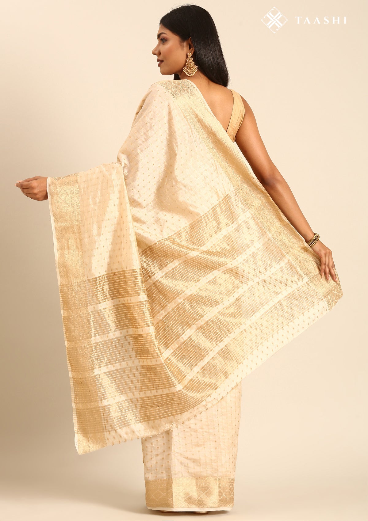 Cream Traditional Zari Butta Woven Tussar Saree