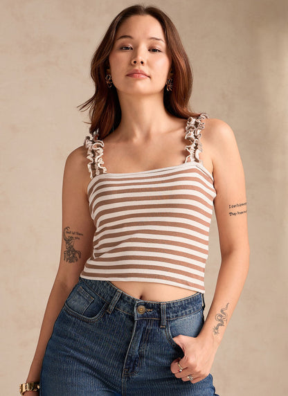Brown Striped Rib Tank Top With Ruffle Straps