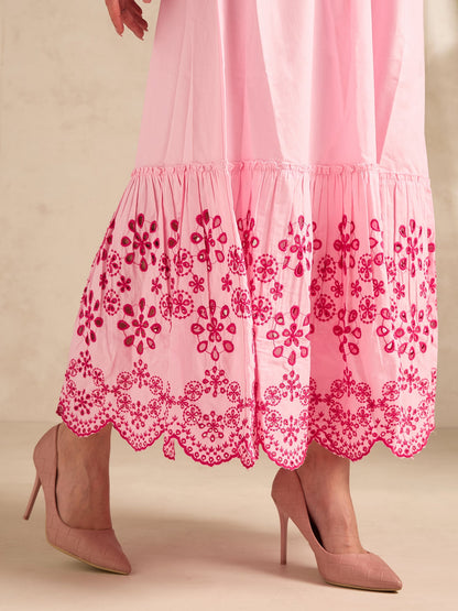 Pink Maxi Dress With Contrast Schiffli