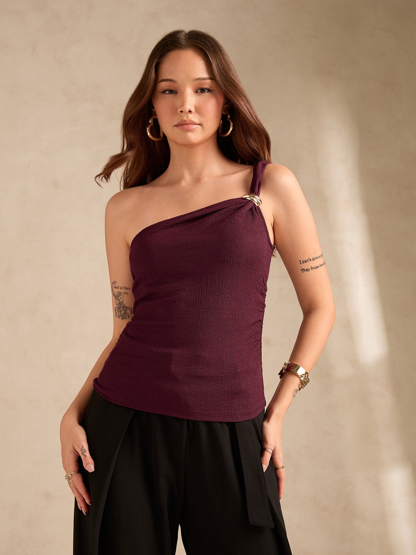 Wine One Shoulder Textured Metal Trim Top